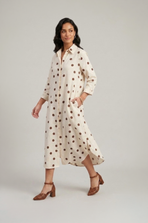 Beige polka dot shirt dress for women in cotton midi length with relaxed fit