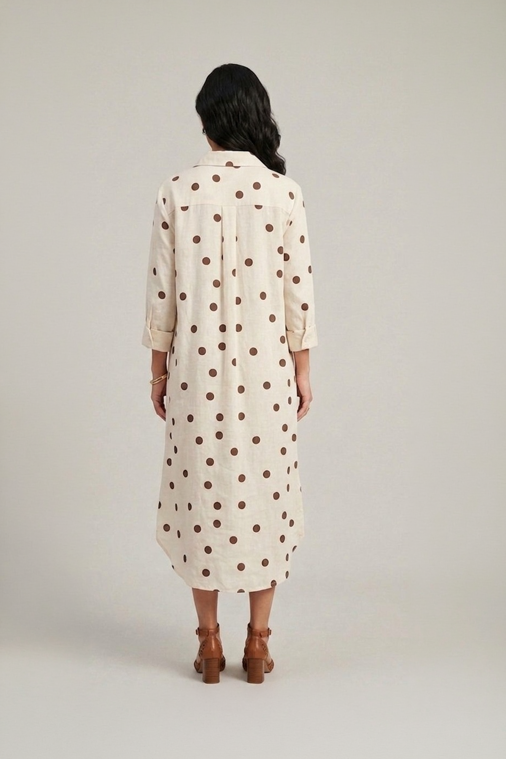 Beige polka dot shirt dress for women in cotton midi length with relaxed fit