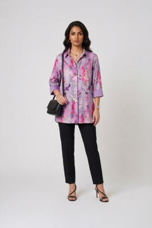lilac floral satin shirt with black pants for women