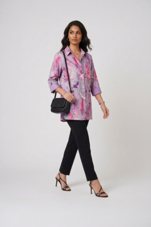 lilac floral satin shirt with black pants for women