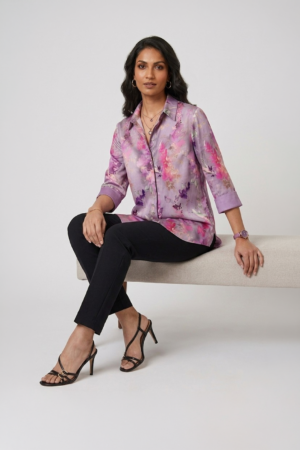 lilac floral satin shirt with black pants for women