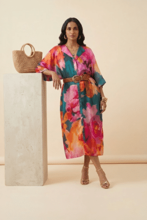 Floral satin kaftan dress for women by Ivory by Radhika