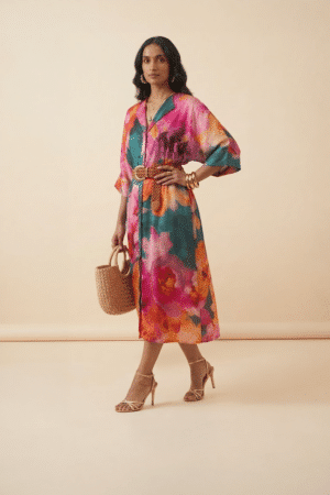 Floral satin kaftan dress for women by Ivory by Radhika