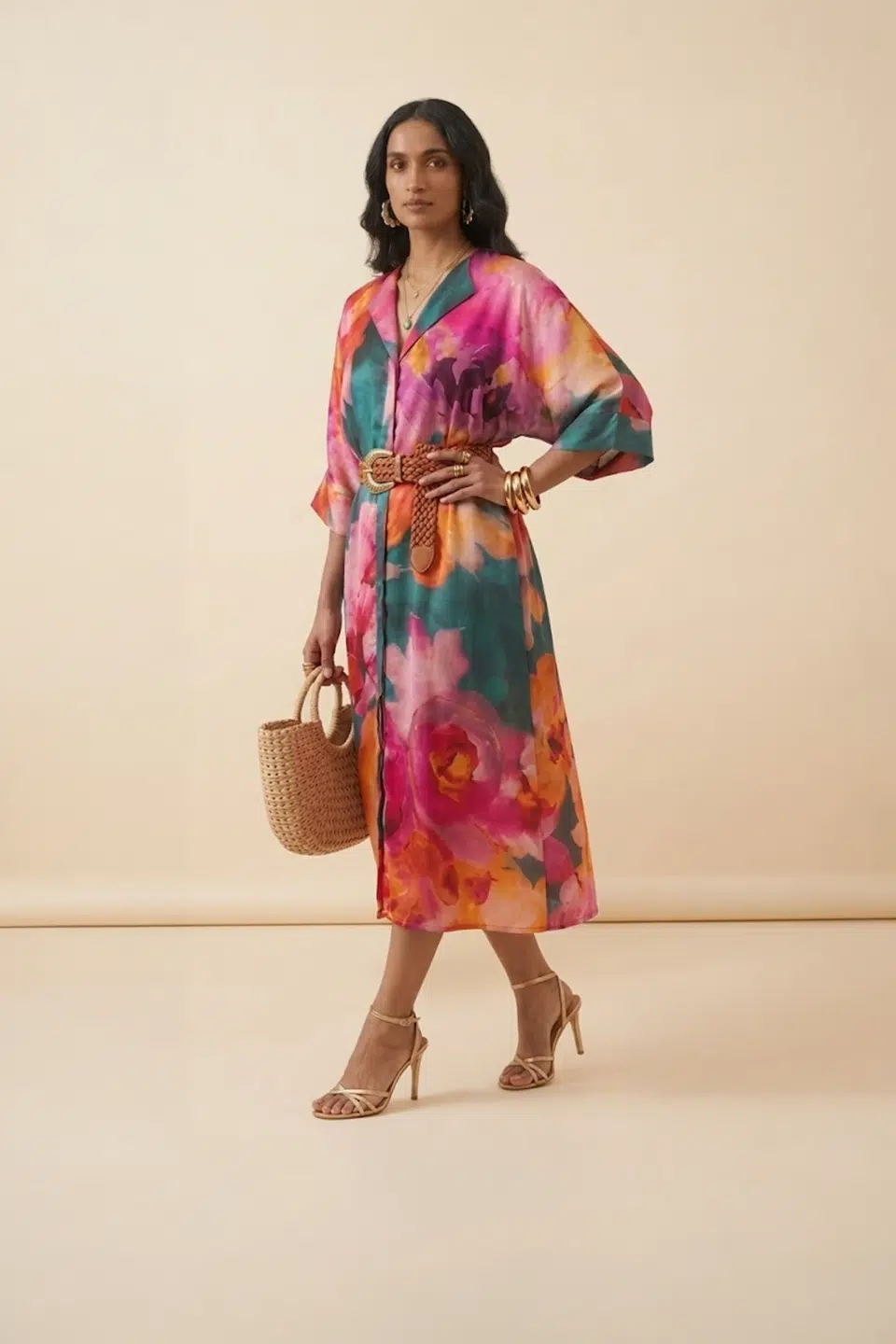 Floral satin kaftan dress, alternate full-length view