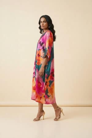 Floral satin kaftan dress for women by Ivory by Radhika