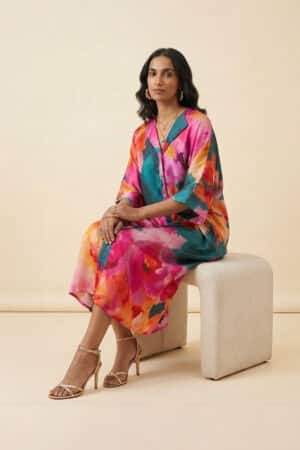 Floral satin kaftan dress for women by Ivory by Radhika