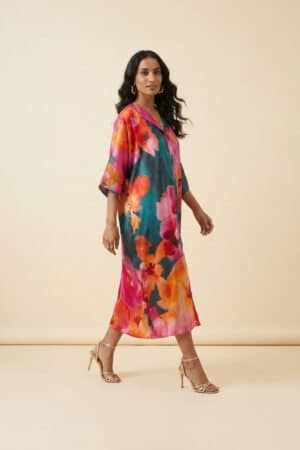 Floral satin kaftan dress for women by Ivory by Radhika