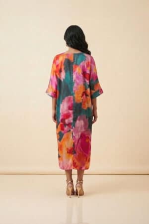Floral satin kaftan dress for women by Ivory by Radhika