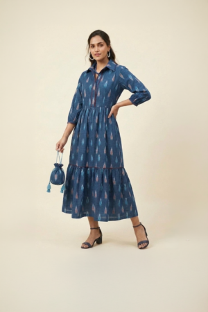 Indigo ikat midi dress for women in cotton with tiered silhouette