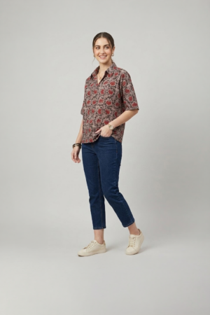 printed cotton shirt for women with floral pattern and relaxed fit