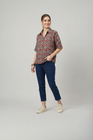 printed cotton shirt for women with floral pattern and relaxed fit
