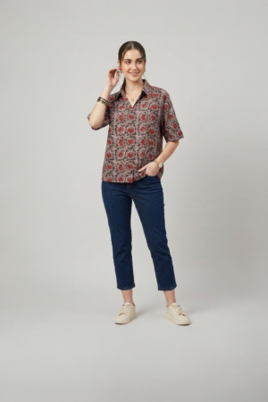 printed cotton shirt for women with floral pattern and relaxed fit