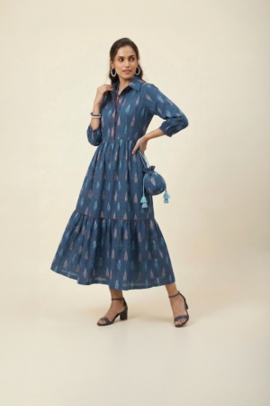 Indigo ikat midi dress for women in cotton with tiered silhouette
