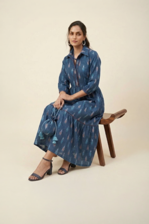 Indigo ikat midi dress for women in cotton with tiered silhouette