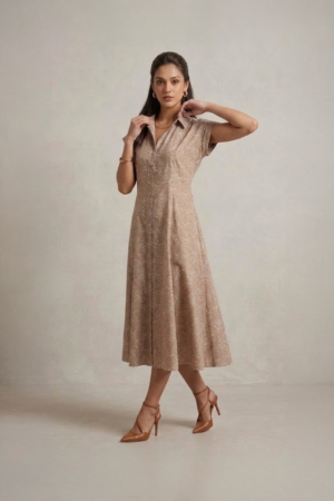 Beige Shirt Dress with collar neckline and short sleeves