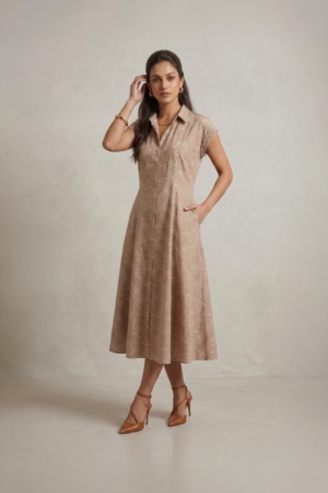 Beige Shirt Dress with collar neckline and short sleeves