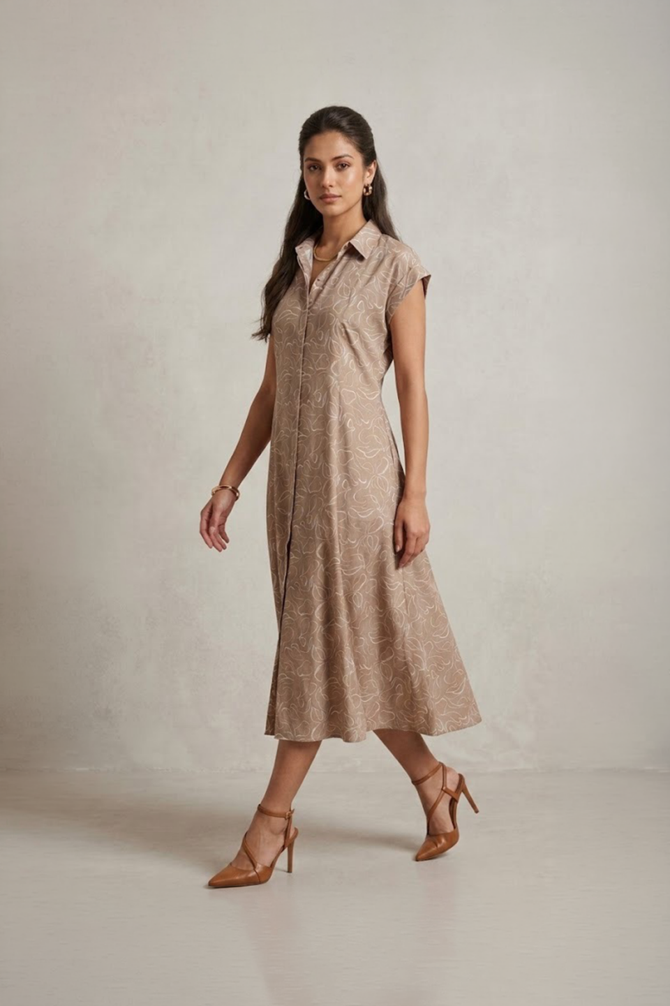 Beige Shirt Dress with collar neckline and short sleeves