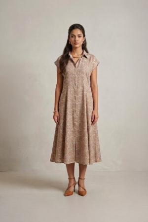 Beige Shirt Dress with collar neckline and short sleeves