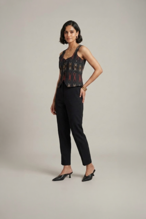 black ikat top for women with sleeveless design and tailored fit