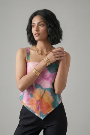 Multicolor Handkerchief Top with strappy neckline and pointed hem