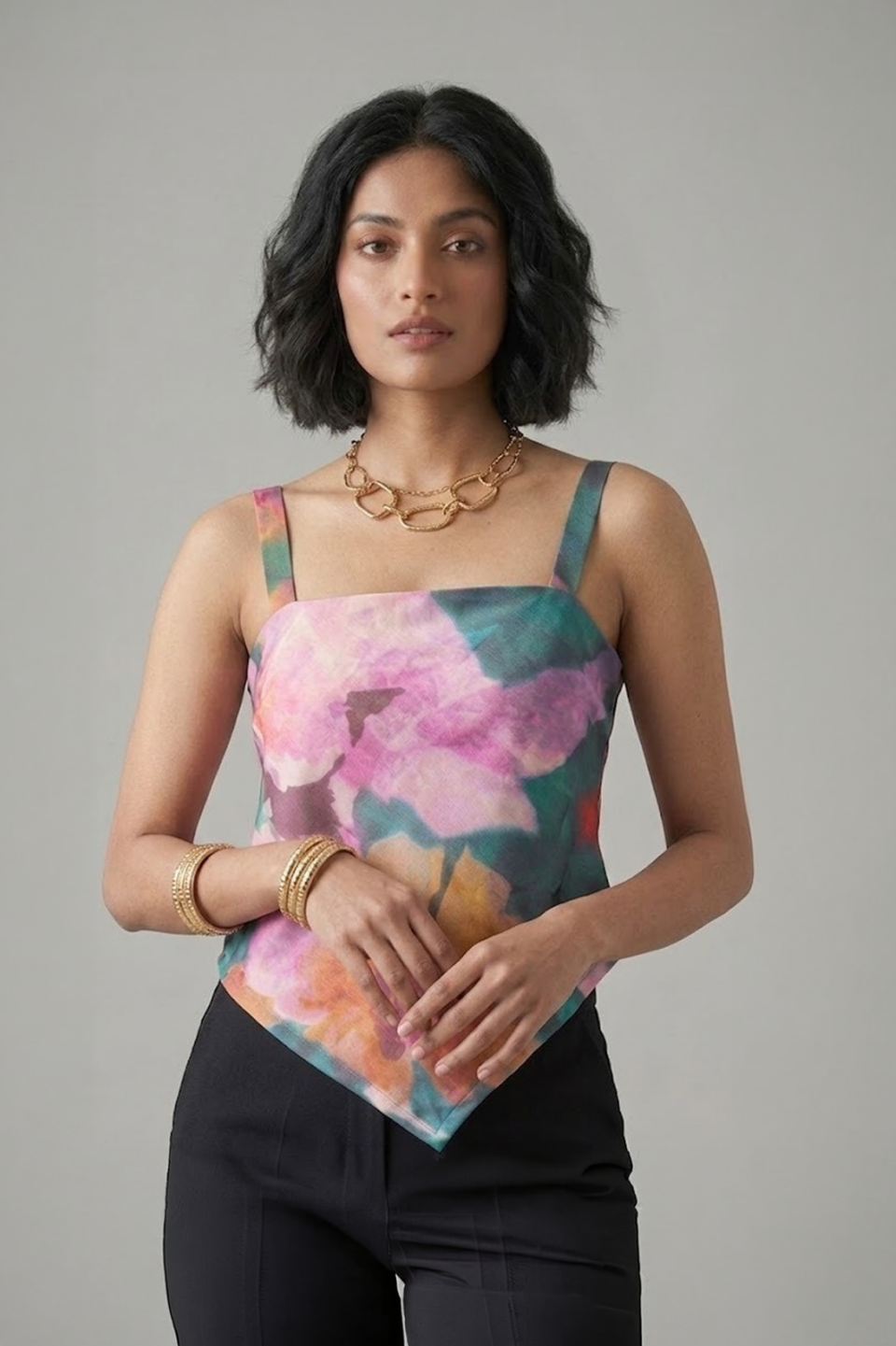 Multicolor Handkerchief Top with strappy neckline and pointed hem