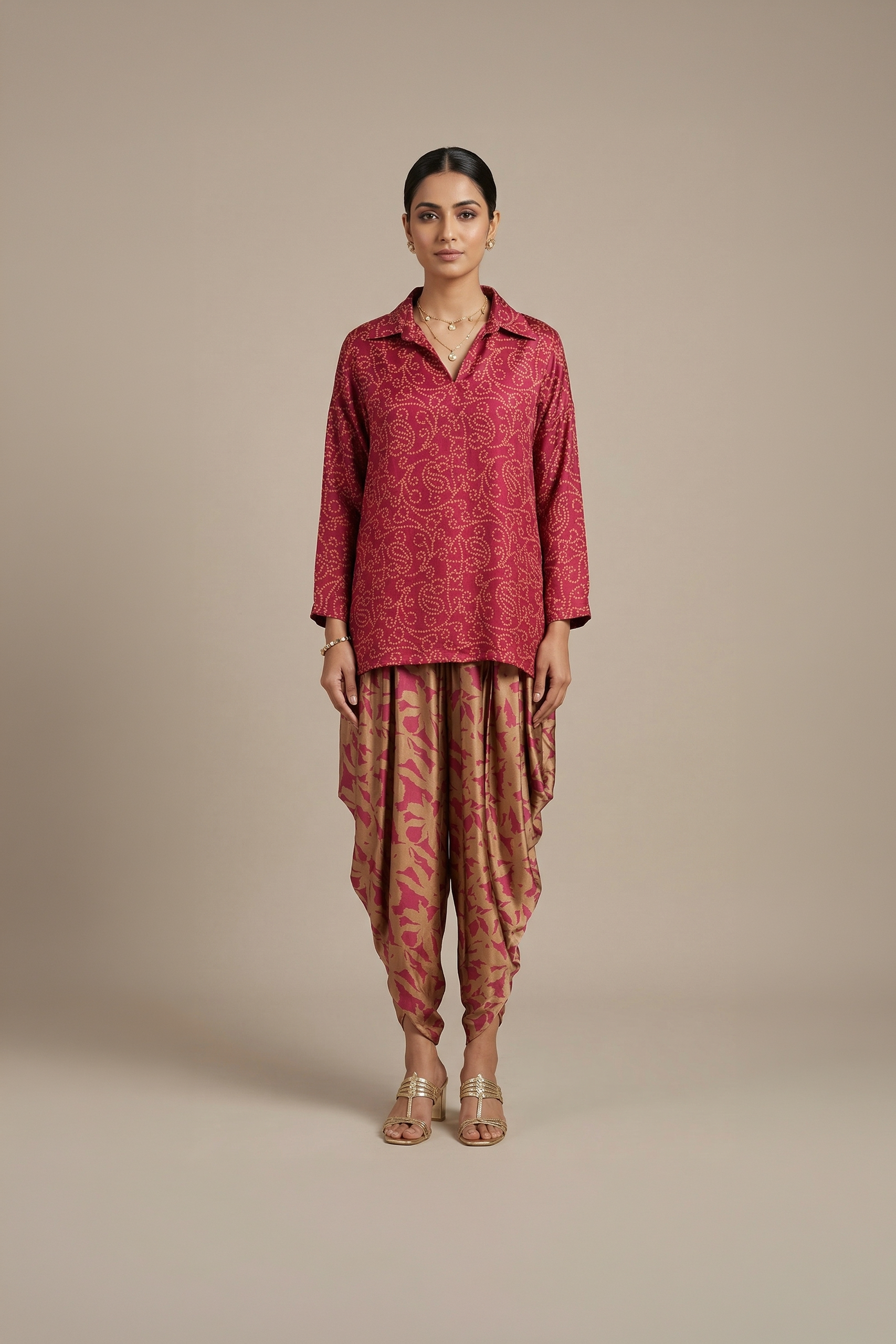 Red kurta dhoti set with printed draped pants for women