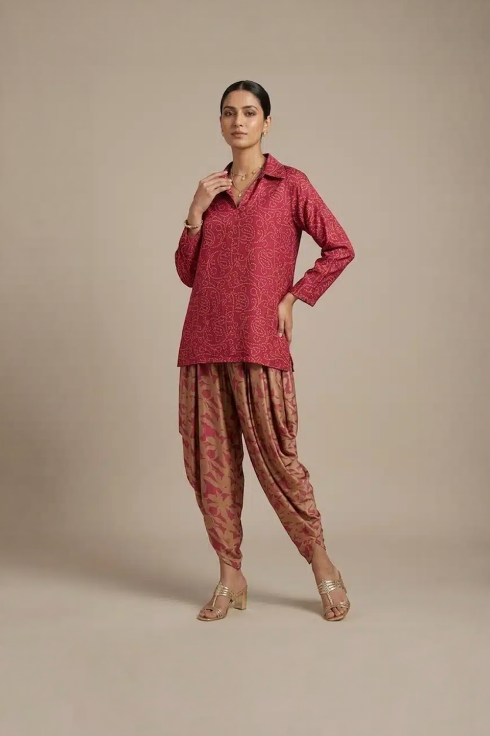 Red kurta dhoti set with printed draped pants for women
