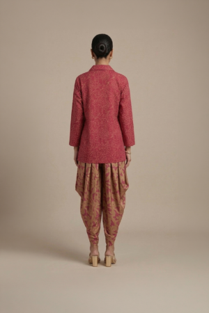 Red kurta dhoti set with printed draped pants for women