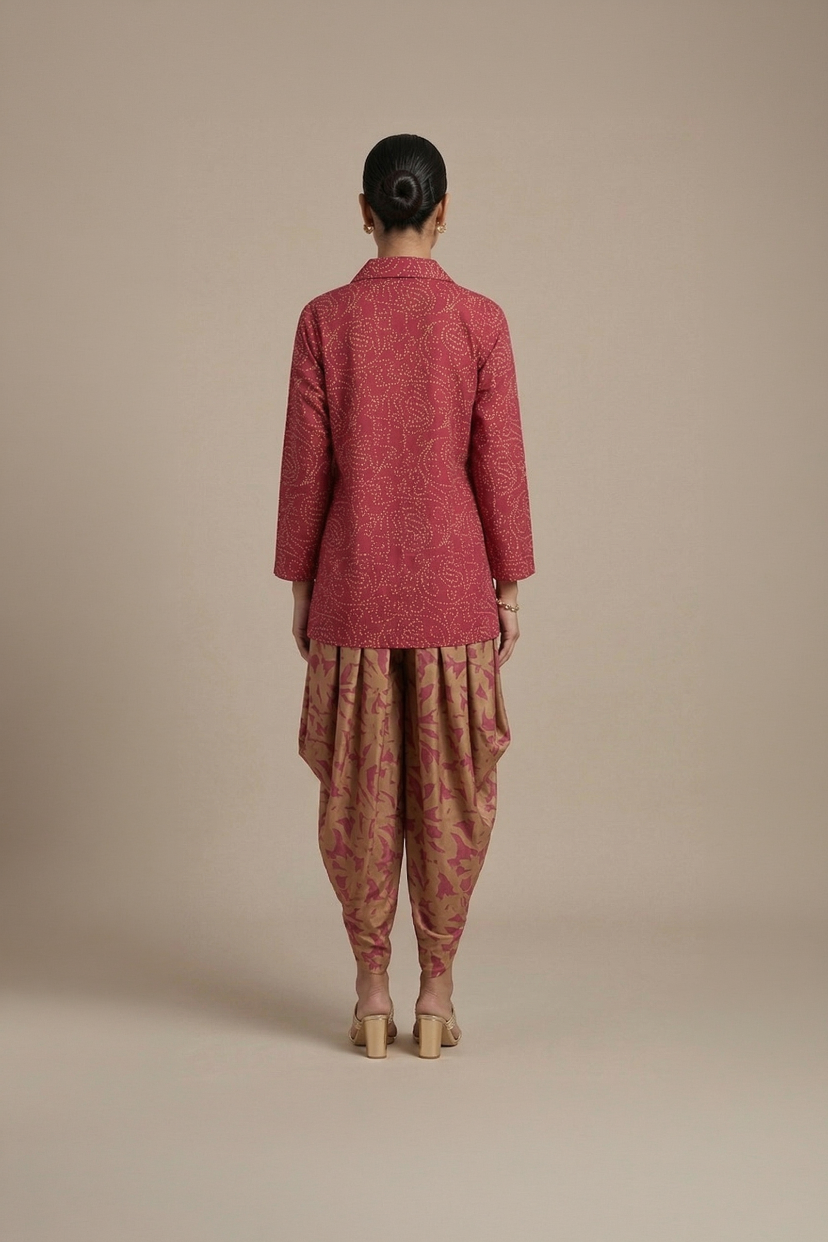 Red kurta dhoti set with printed draped pants for women