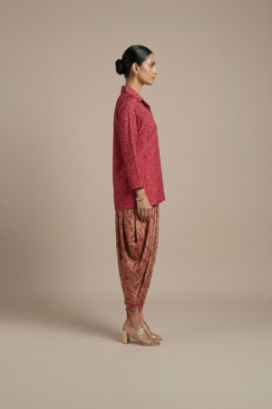 Red kurta dhoti set with printed draped pants for women