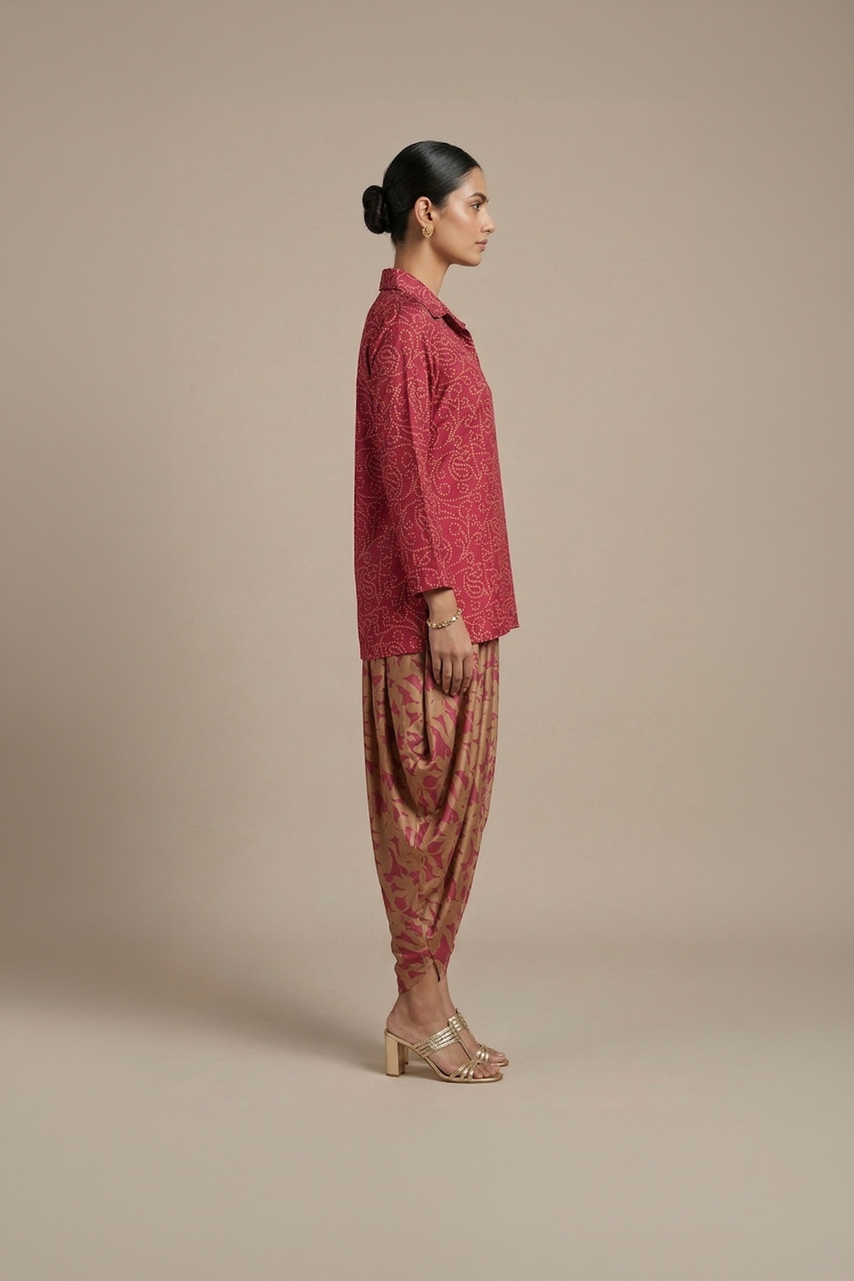 Red kurta dhoti set with printed draped pants for women