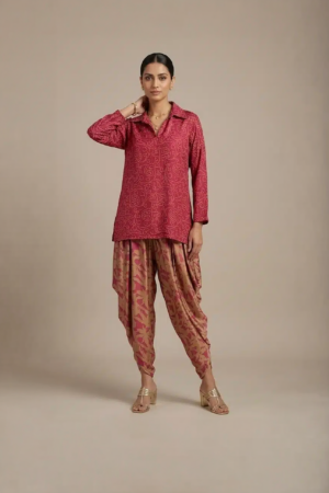 Red kurta dhoti set with printed draped pants for women