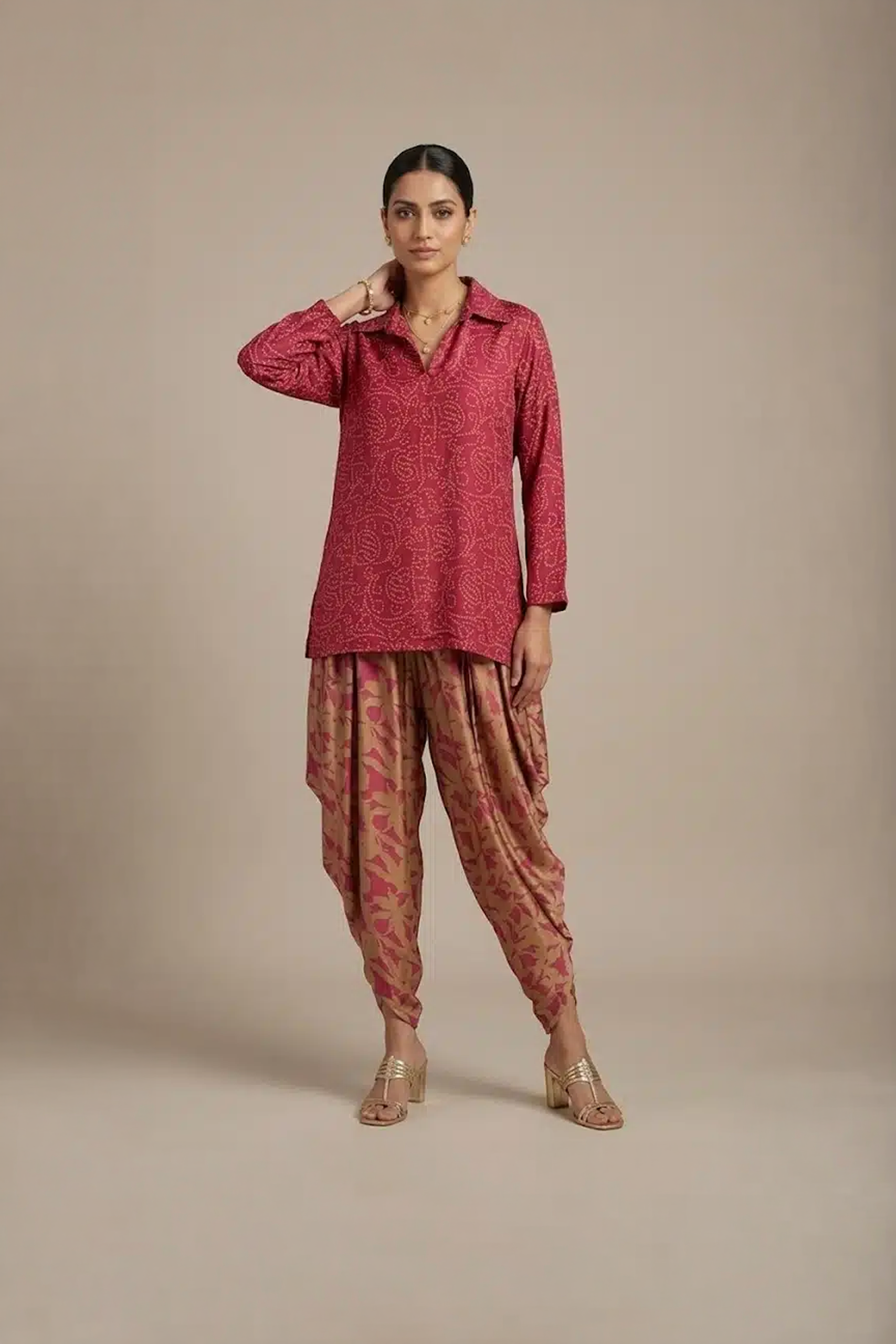 Red kurta dhoti set with printed draped pants for women