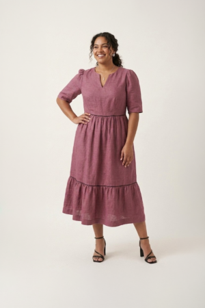 Rose linen midi dress for women with tiered hem and puff sleeves in relaxed fit