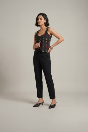 black ikat top for women with sleeveless design and tailored fit