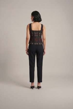 black ikat top for women with sleeveless design and tailored fit