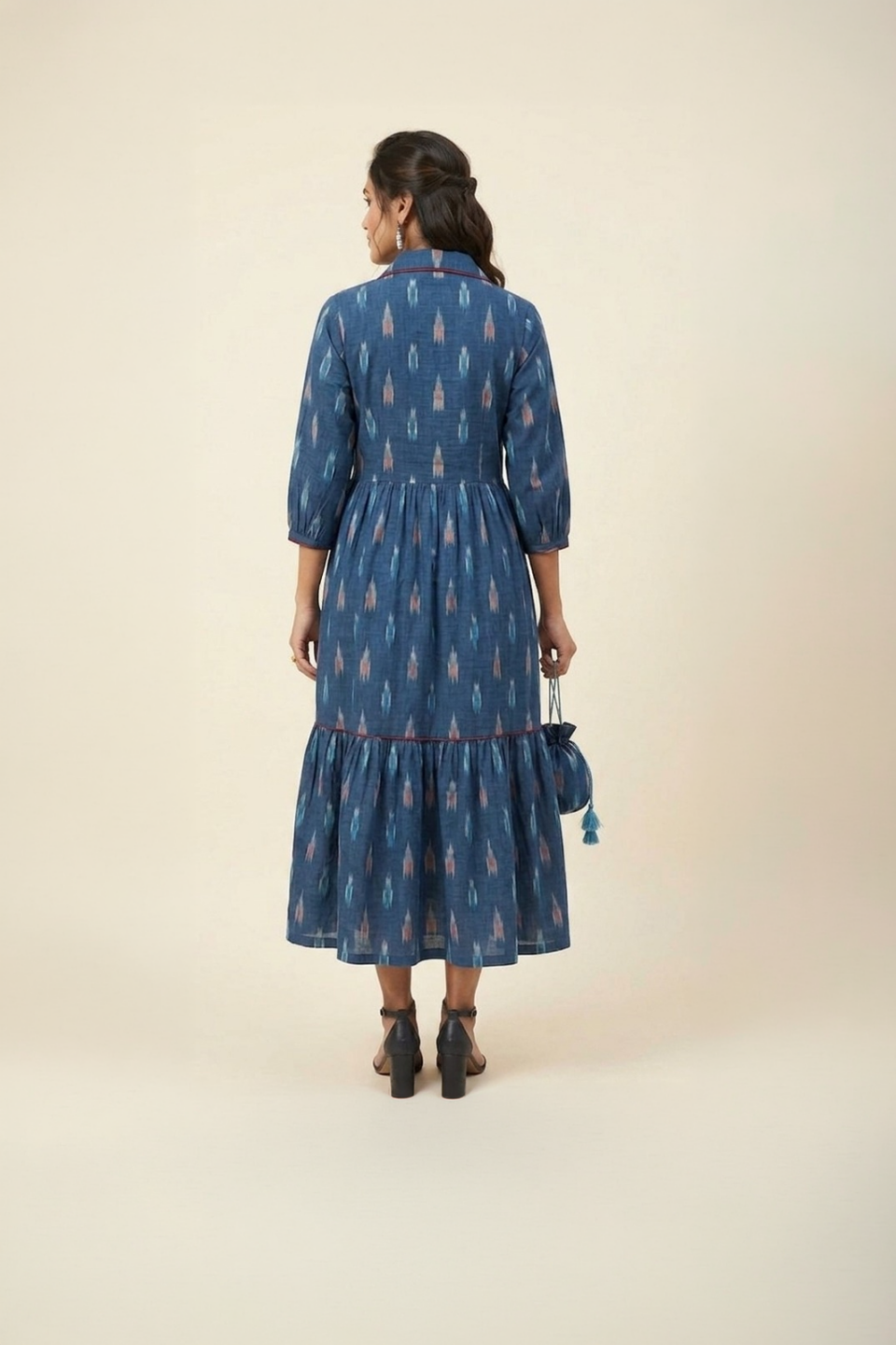 Indigo ikat midi dress for women in cotton with tiered silhouette