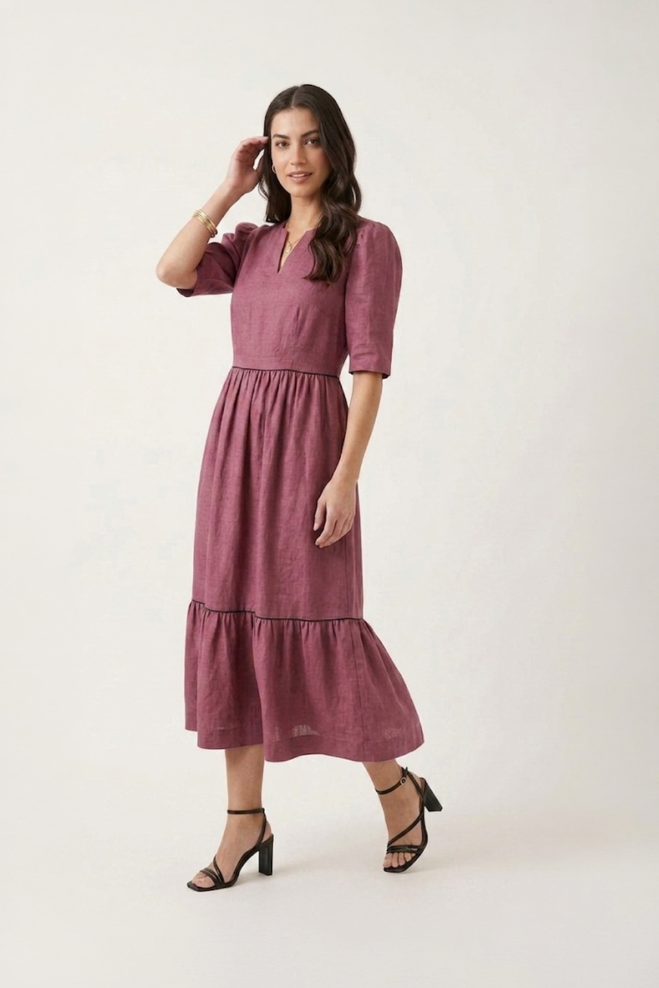 Rose cotton midi dress for women with tiered design and puff sleeves