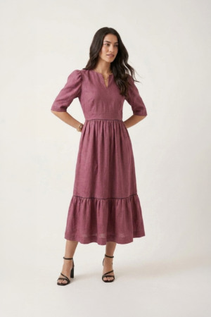 Rose cotton midi dress for women with tiered design and puff sleeves