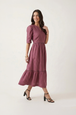 Rose cotton midi dress for women with tiered design and puff sleeves