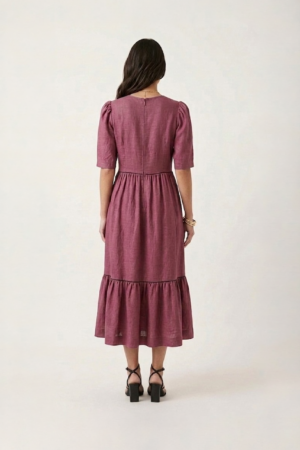 Rose cotton midi dress for women with tiered design and puff sleeves