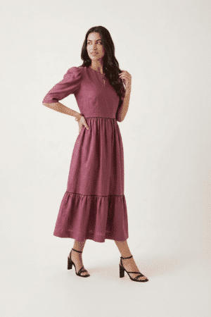 Rose cotton midi dress for women with tiered design and puff sleeves