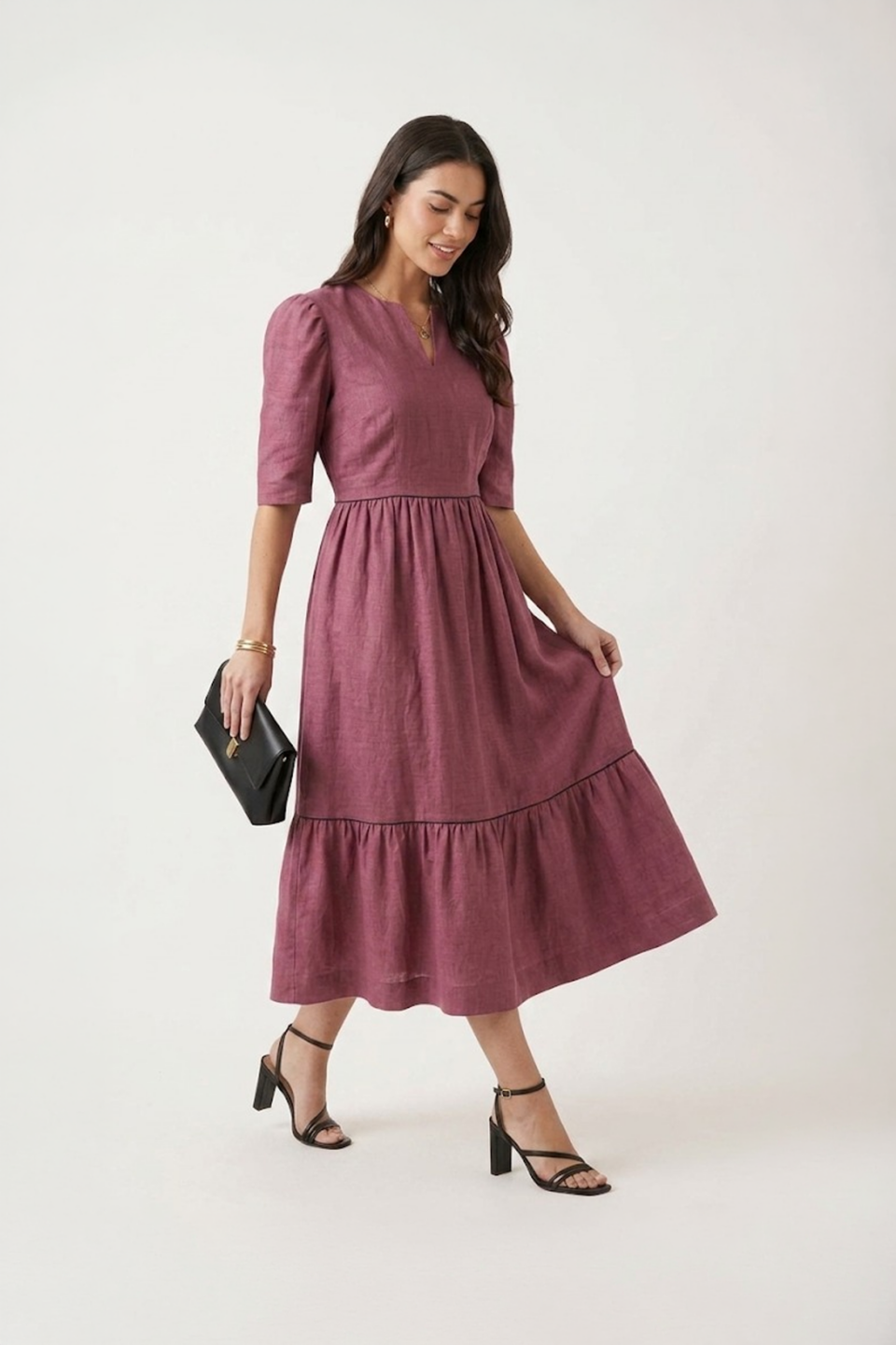 Rose cotton midi dress for women with tiered design and puff sleeves