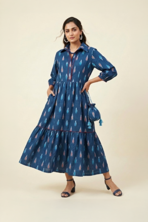 Indigo ikat midi dress for women in cotton with tiered silhouette