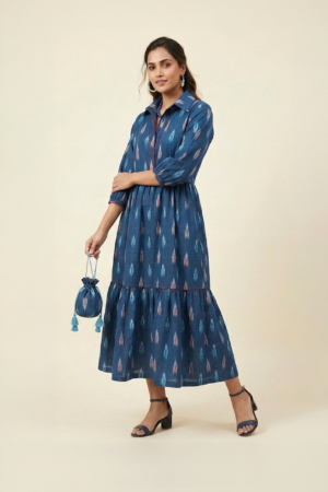 Indigo ikat midi dress for women in cotton with tiered silhouette