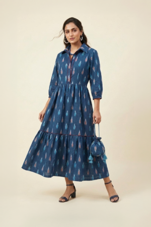Indigo ikat midi dress for women in cotton with tiered silhouette