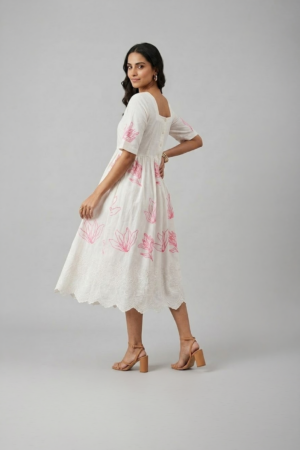 white floral midi dress for women with pink print