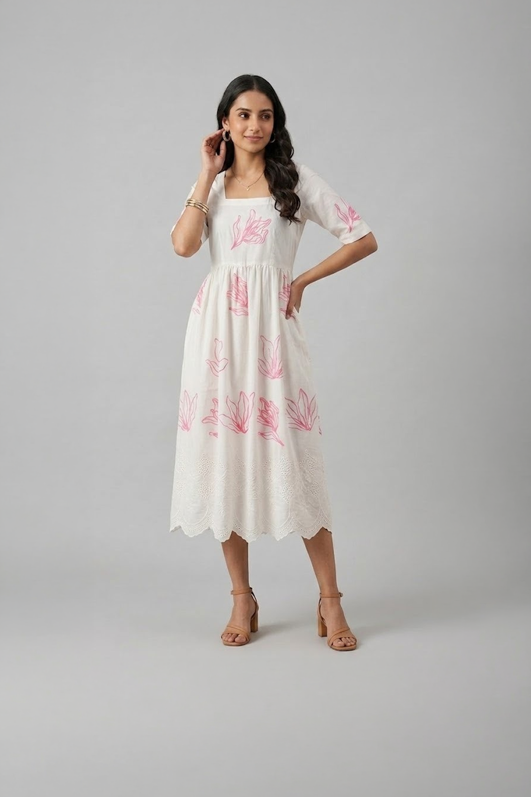 white floral midi dress for women with pink print