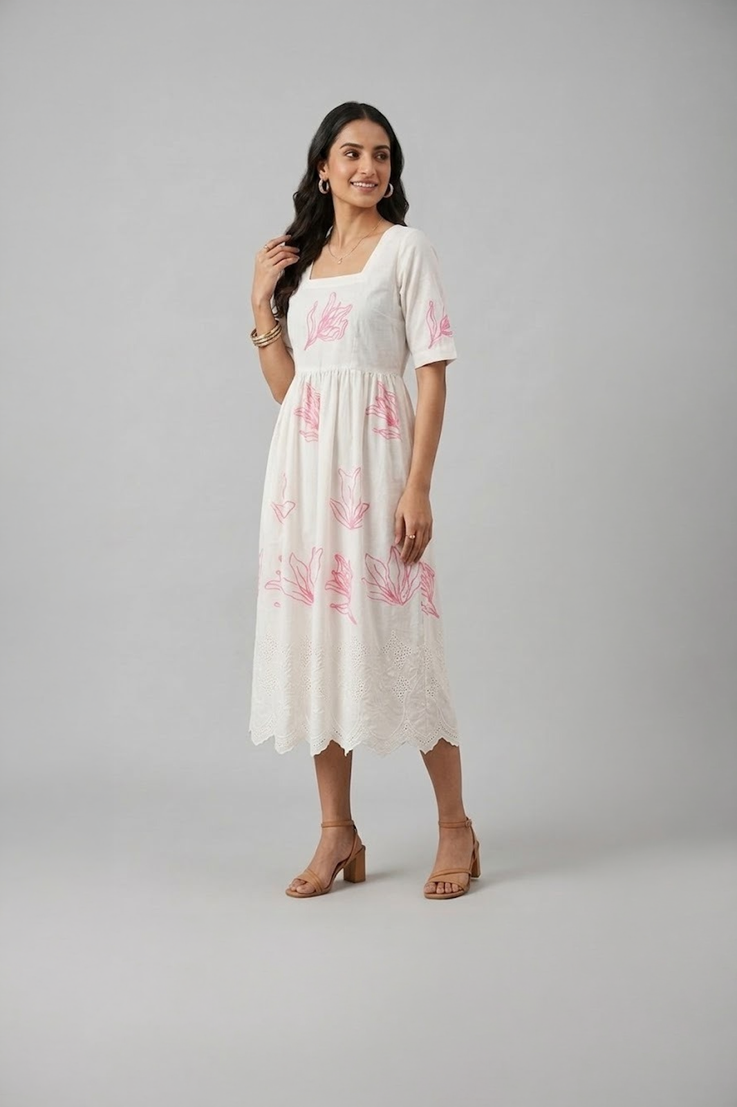 white floral midi dress for women with pink print