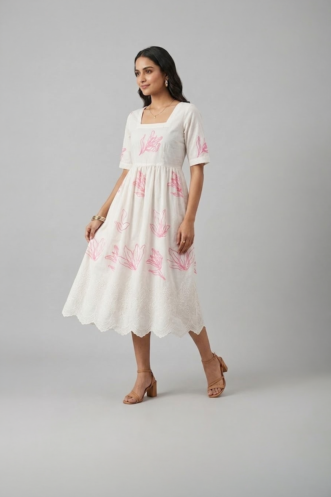 white floral midi dress for women with pink print